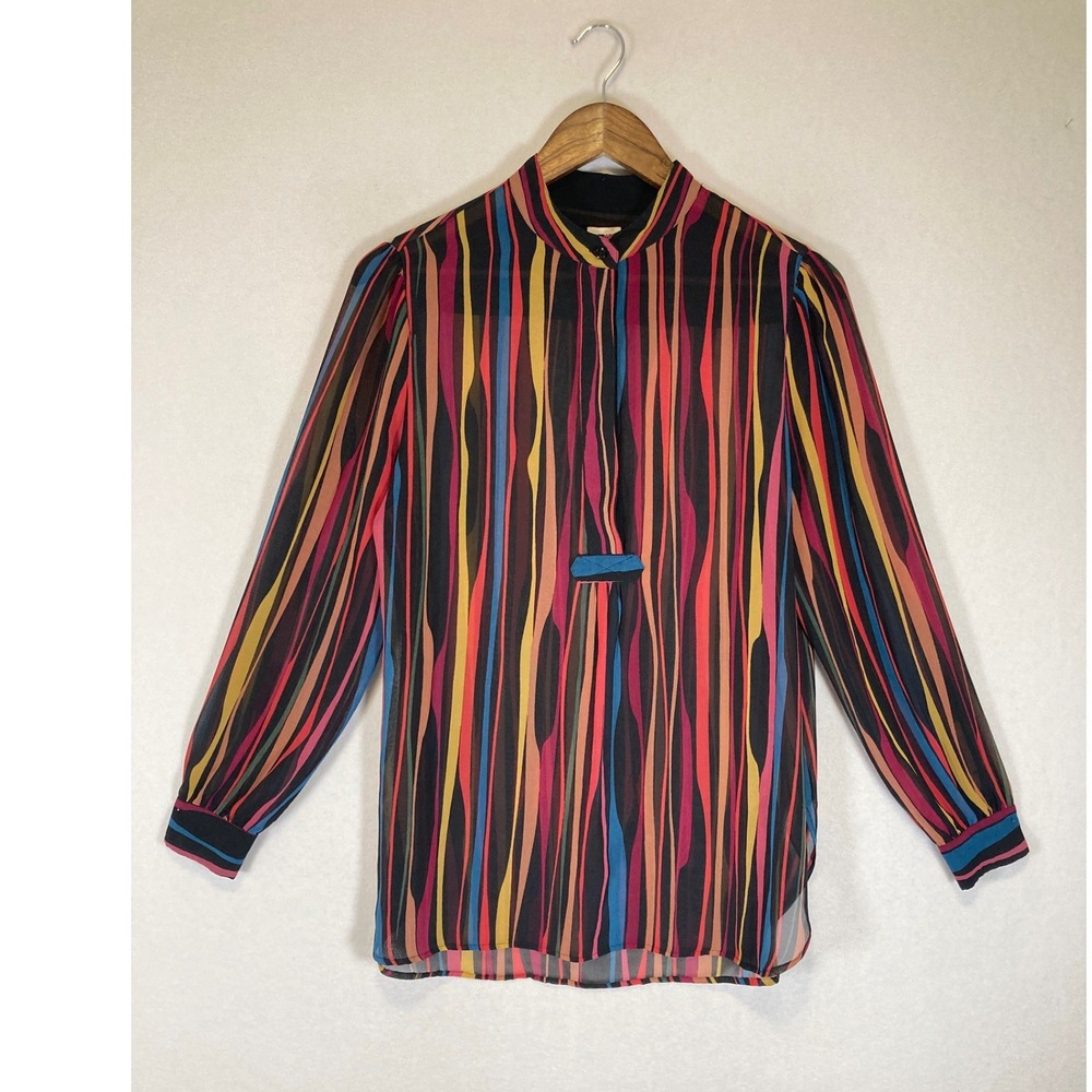 Art Deco Anne Klein Womens M Multicolor Striped Sheer‎ Mandarin Collar Blouse